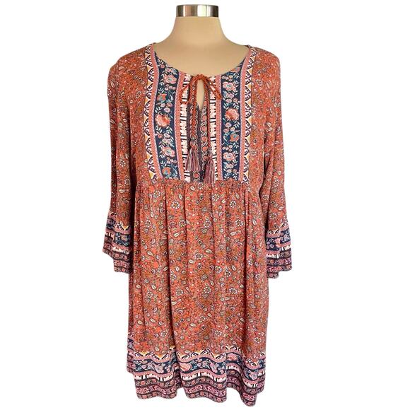 Artesia Rust Blue Boho Tunic / Mini Dress Size XXL Peasant Fall Casual Festival - Picture 1 of 10